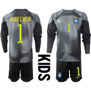 Brazil Alisson Becker #1 Goalkeeper Replica Home Stadium Kit for Kids World Cup 2022 Long Sleeve (+ pants)